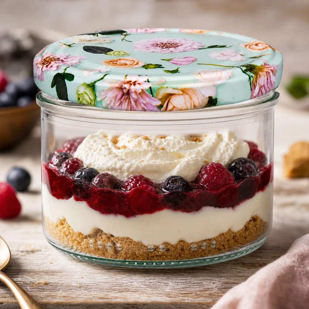 Barattolo cilindrico da 230 ml + coperchio BasicSeal a forma di fiore di menta 230ml Zylinderglas mit BasicSeal Deckel Blume mint für Desserts - Schichtdessert mit Beeren und Sahne im Vorratsglas