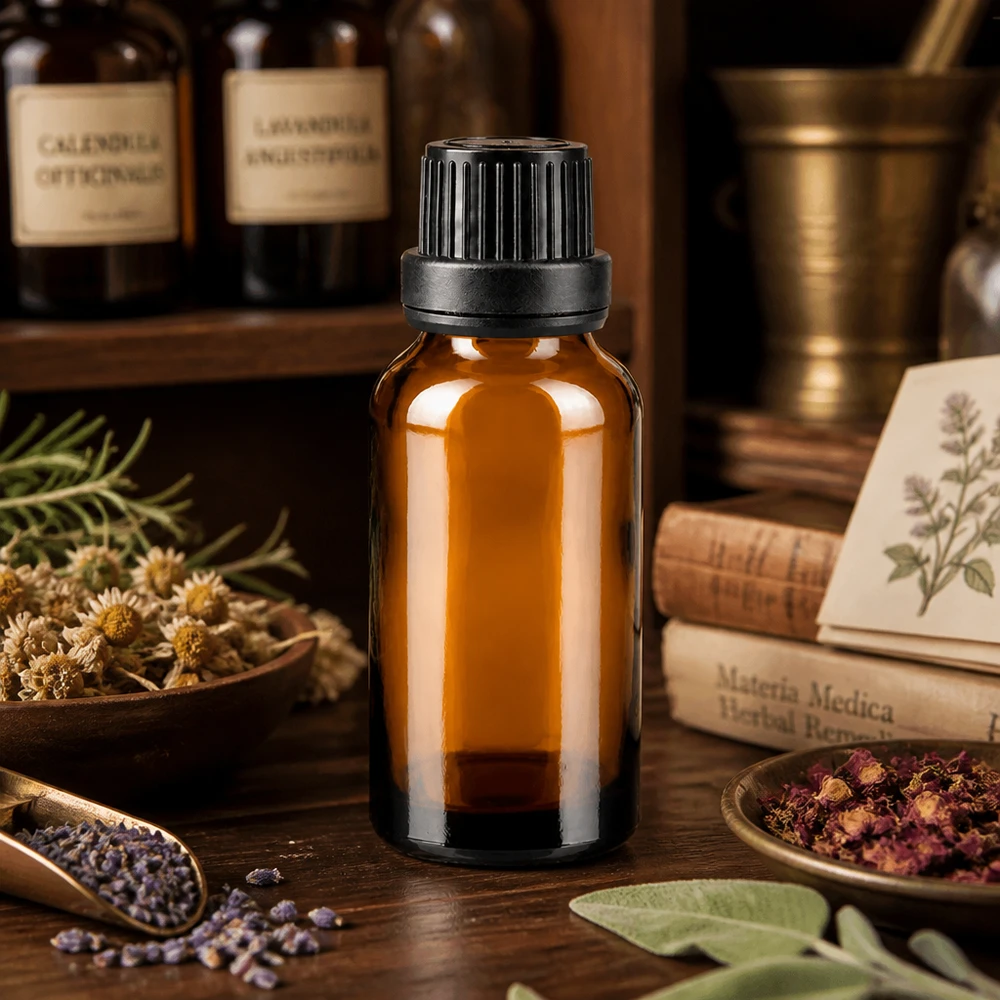 Piccola boccetta di vetro marrone da 20 ml con tappo nero, circondata da erbe essiccate e piante medicinali