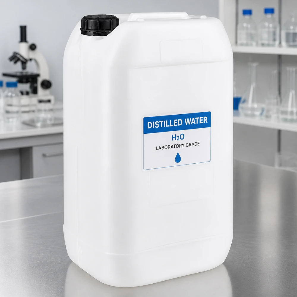 Tanica da laboratorio da 15 litri contenente acqua distillata H₂O in un contenitore bianco in HDPE