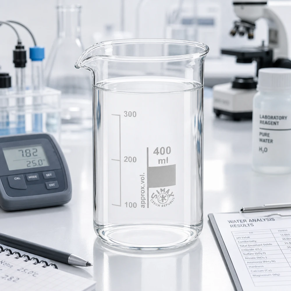 Bicchiere da 400 ml in vetro borosilicato, forma alta Bicchiere di vetro trasparente da 400 ml, forma alta, con acqua limpida e pHmetro in laboratorio