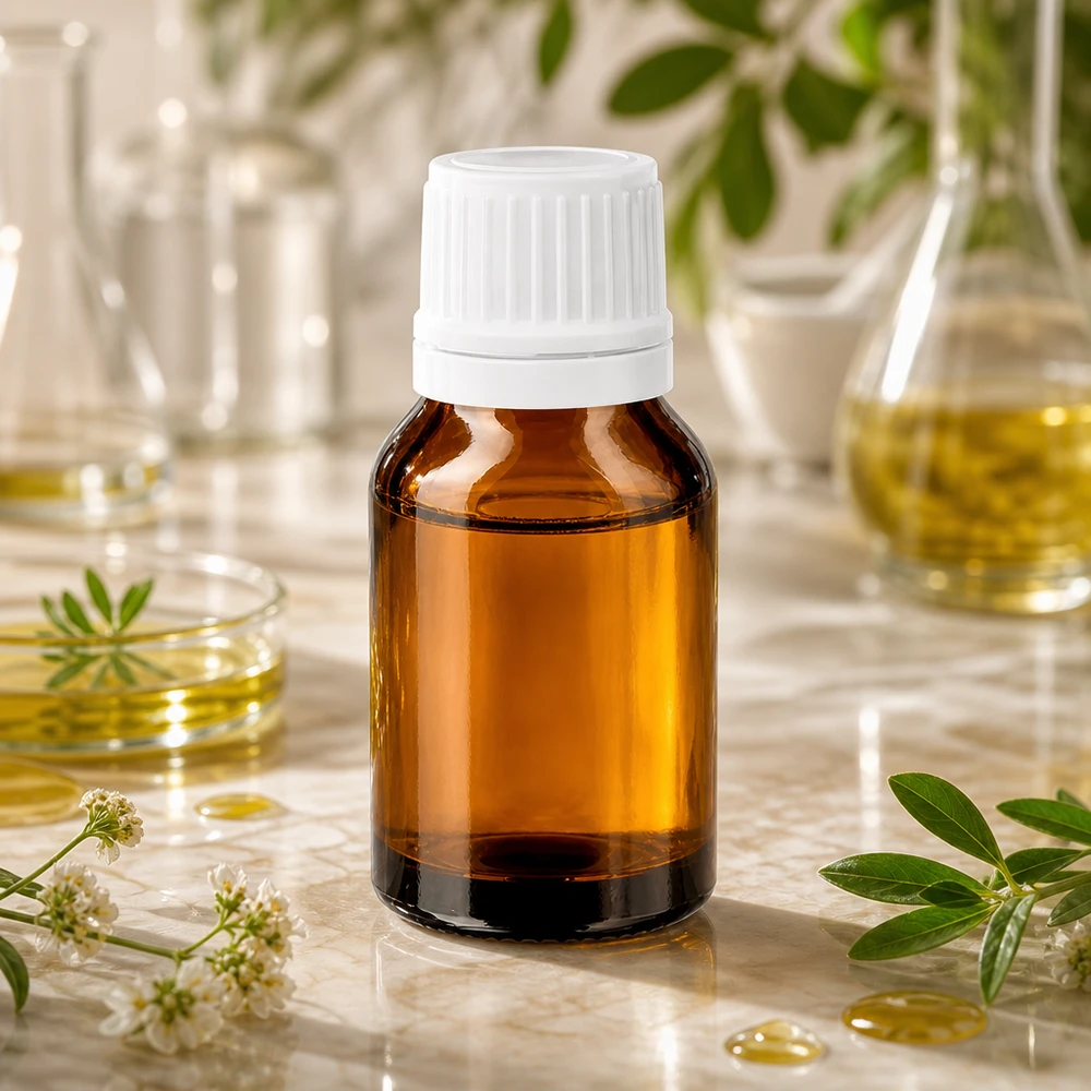 Flacone contagocce da 15 ml color ambra con tappo a vite bianco su fondo marmorizzato, circondato da piante medicinali