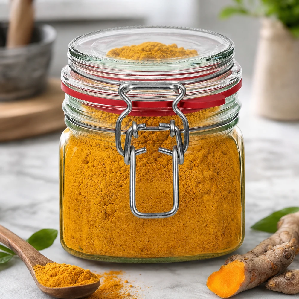 Barattolo da 370 ml tipo G con tappo a clip UN.. Barattolo da 370 ml con tappo girevole, perfetto per spezie come curcuma e curry.