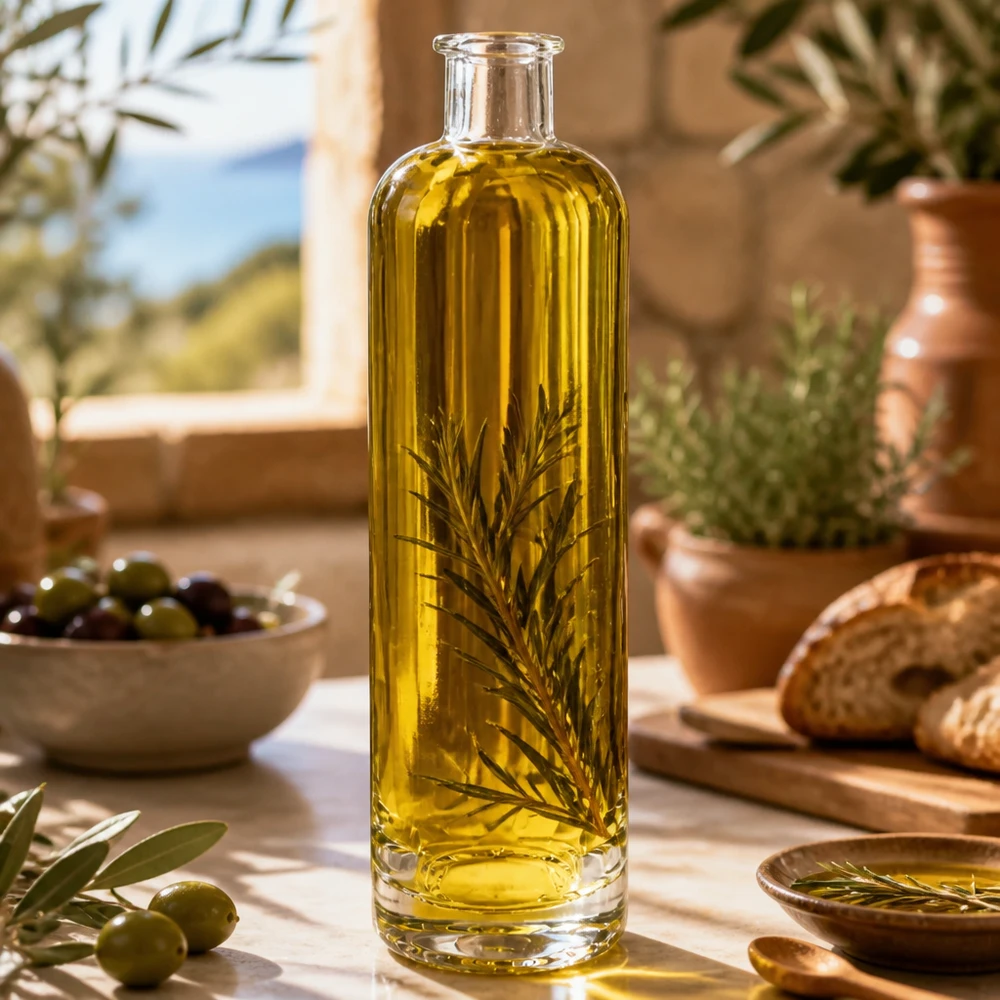 Bottiglia in vetro da 500 ml Ella senza tappo UNiTWIST® 500ml Glasflasche Ella mit Olivenöl und Rosmarin gefüllt in mediterraner Küche stylisches Infusion-Beispiel