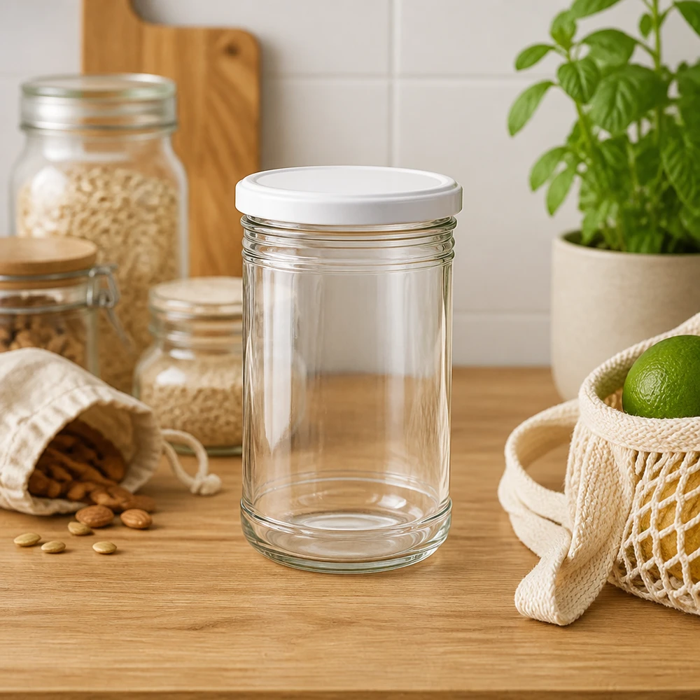 Vaso da 1053 ml con coperchio BasicSeal bianco UN... Bicchieri vuoti da 1053 ml su un piano di lavoro in legno in una cucina moderna con borsa della spesa in rete e pianta di basilico Stile di vita
