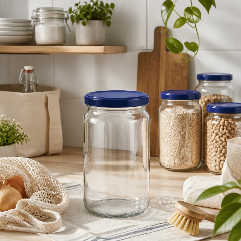 Barattolo rotondo da 795 ml + coperchio BasicSeal blu UNiTWIST Vaso rotondo vuoto da 795 ml con coperchio blu UNiTWIST in cucina sostenibile con vasi di stoccaggio ed elementi in legno