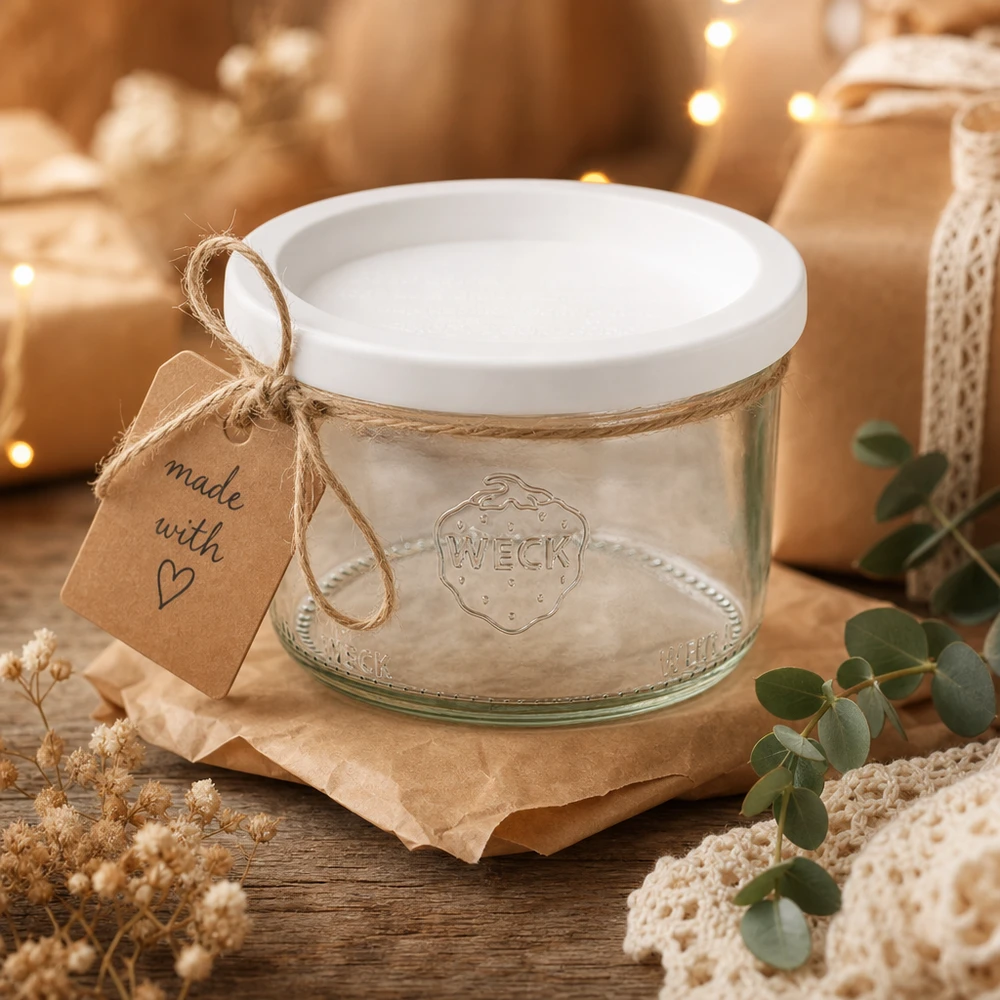 Bicchiere da 200 ml con coperchio salvafreschezza WECK RR80 Bicchieri WECK da 200 ml RR80 in regalo, decorati con corda di iuta e targhetta Made with Love su un tavolo di legno