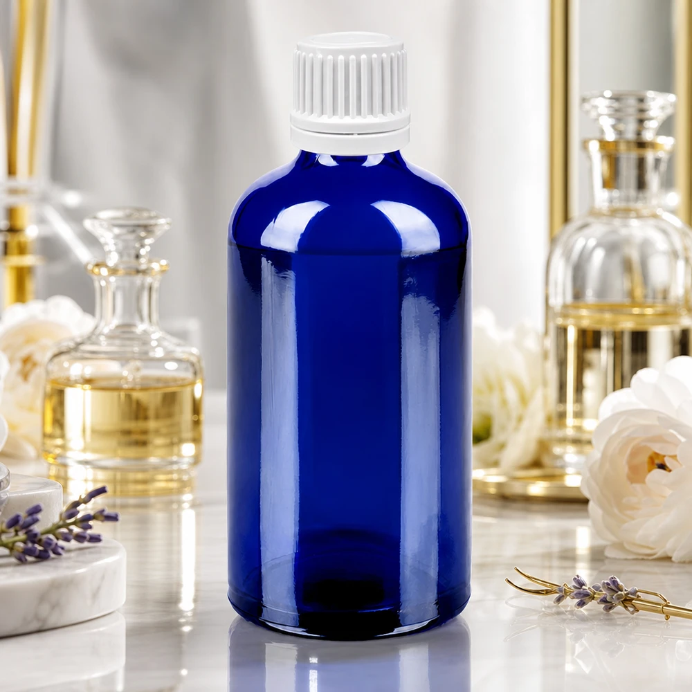 Bottiglia da 100ml 11mm SV bianco OV BlueLine UT18/100 Flacone in vetro da 100 ml con superficie blu lucida e sistema di chiusura bianco sicuro