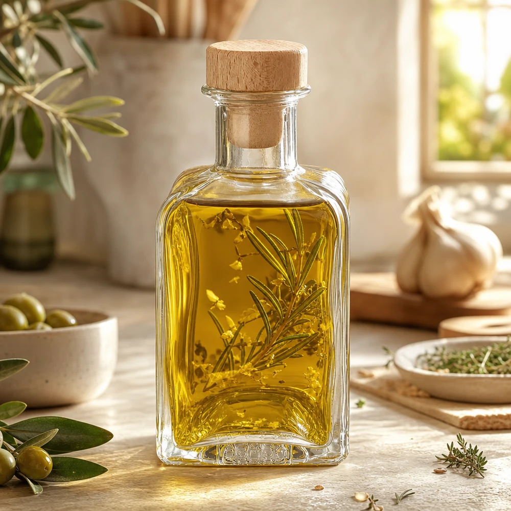 Bottiglia di vetro Clara da 200 ml riempita con olio alle erbe rametto di rosmarino sughero in legno decorazione cucina oli speziati mediterranei