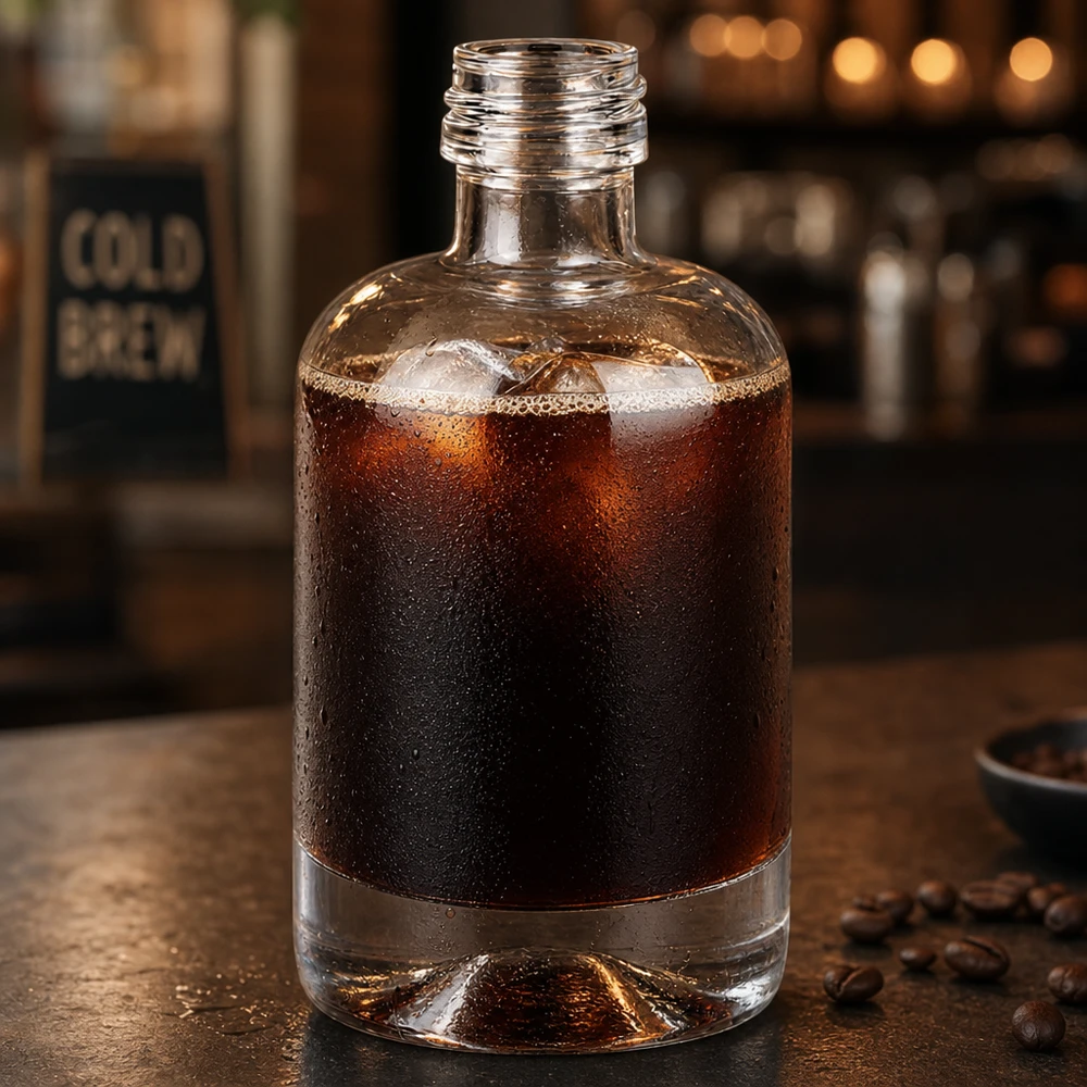 Bottiglia di vetro da 40 ml di Sara riempita di caffè cold brew circondata da chicchi di caffè in un'atmosfera da caffè senza tappo