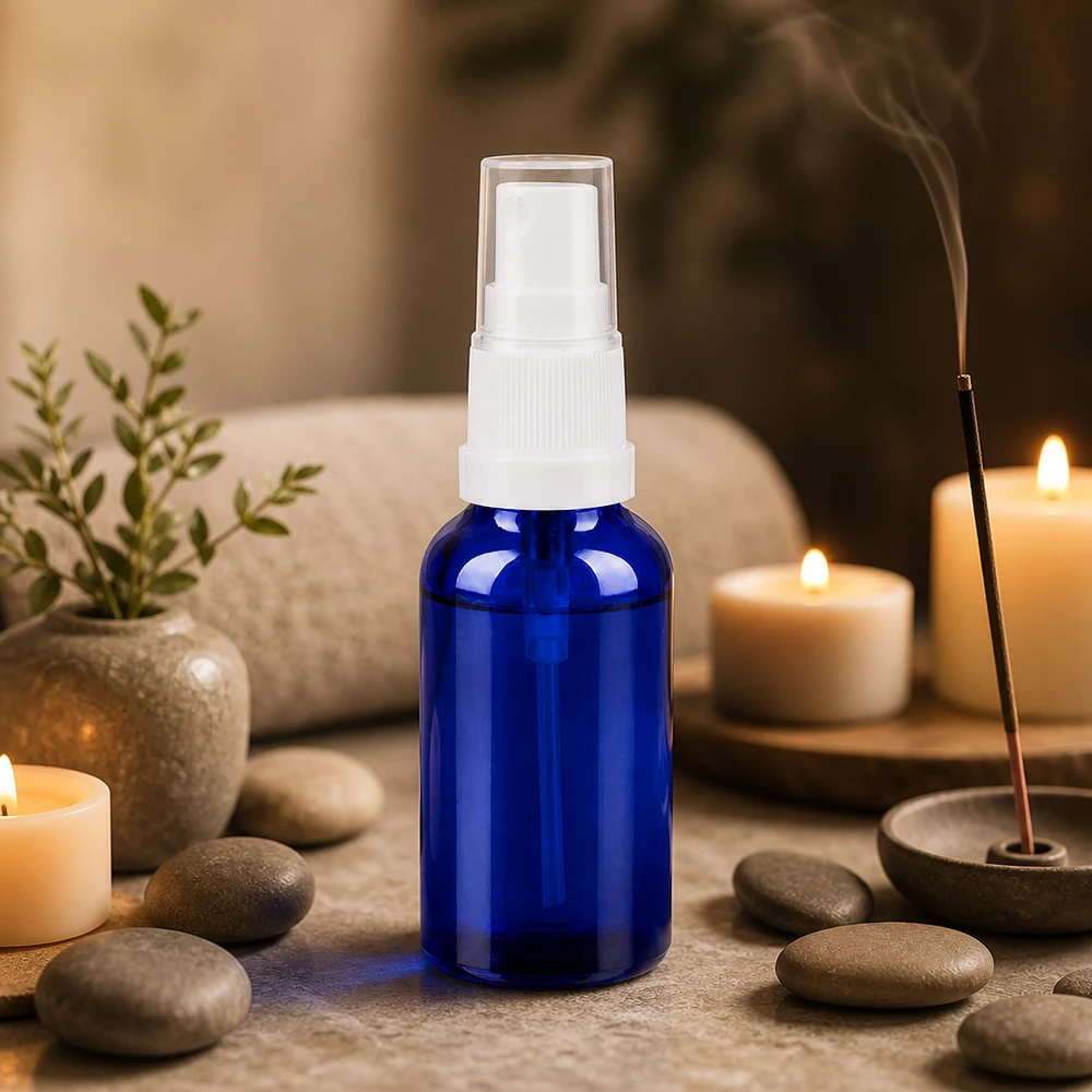Flacone spray da 30 ml bianco/trasparente STD BlueLine UT18/30 Elegante flacone in vetro blu da 30 ml con tappo bianco per uso professionale