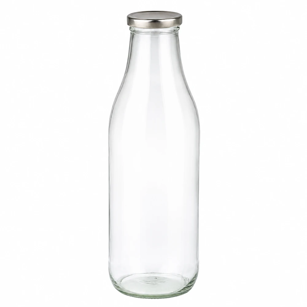 Bottiglia di vetro da 1000 ml + coperchio BasicSeal argento UN.. Bottiglia in vetro da 1000 ml con coperchio BasicSeal argento, vuota e trasparente per bevande e conservazione