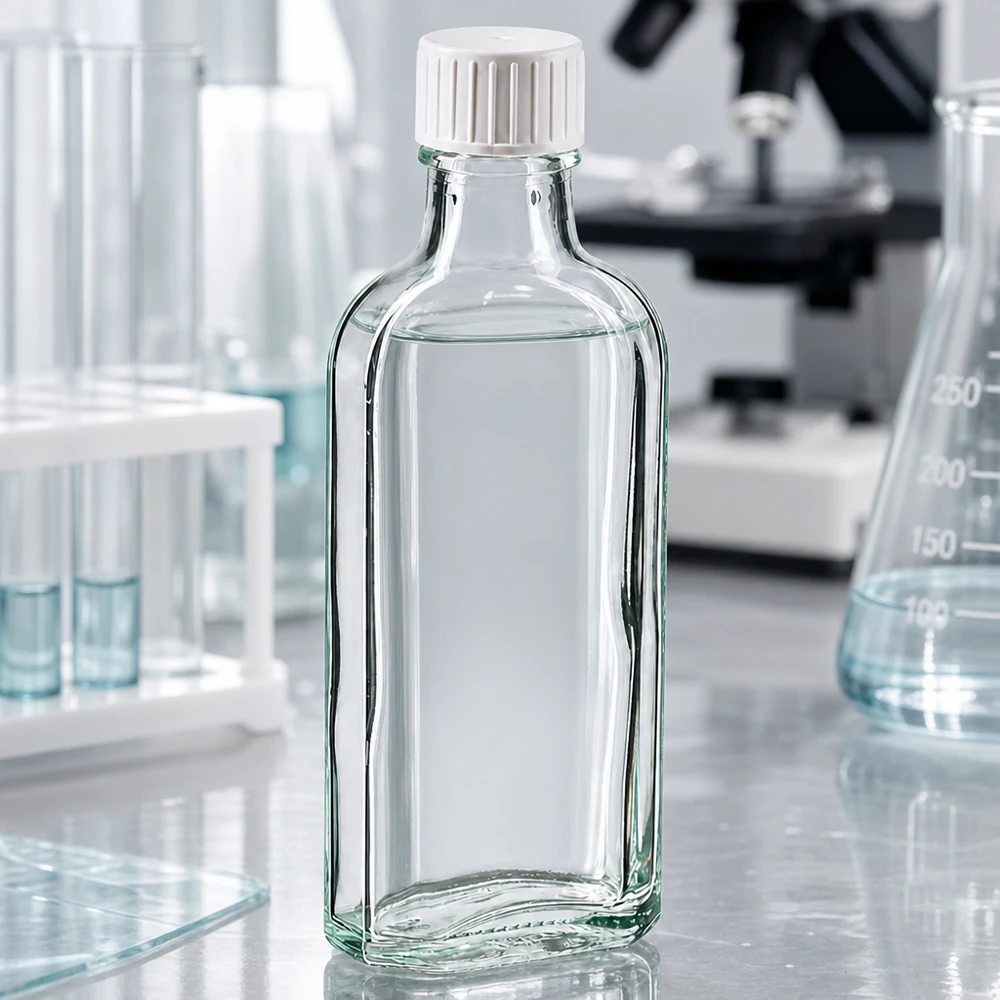 Flacone di vetro piatto da 100 ml, forma Meplat, con tappo a vite bianco e anello versatore, in ambito di laboratorio