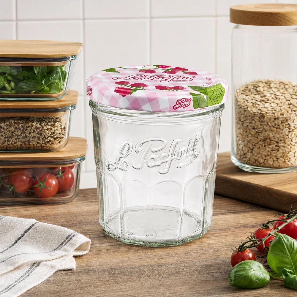 Bicchieri Le Parfait da 324 ml vuoti su una tavola di legno in una cucina moderna con barattoli di stoccaggio e pomodori freschi
