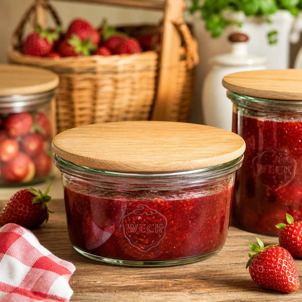 WECK mini mason jar 50ml riempito di marmellata di fragole e coperchio in bambù in cucina rustica con fragole fresche