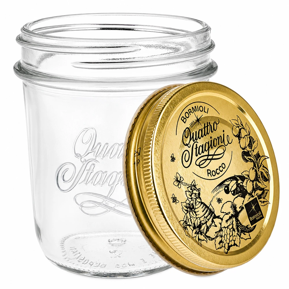 Bicchieri Quattro Stagioni da 320 ml con coperchio Bormioli Rocco Quattro Stagioni 320ml vaso da conserva aperto con coperchio dorato rimovibile e motivo di erbe aromatiche