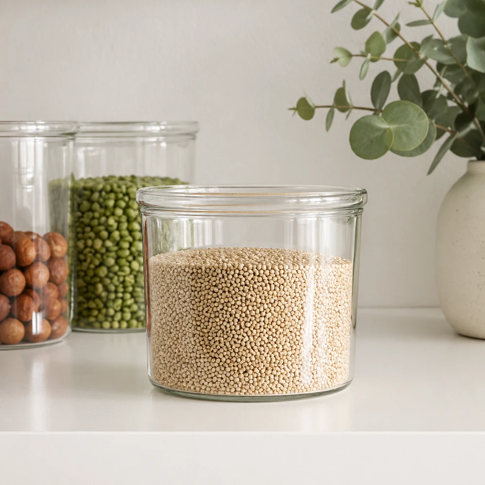 Vaso di vetro con fondo concavo WECK RR40 da 35 ml Vaso di conservazione WECK 35ml RR40 riempito di quinoa insieme ad altri vasi di conservazione con legumi nella cucina moderna