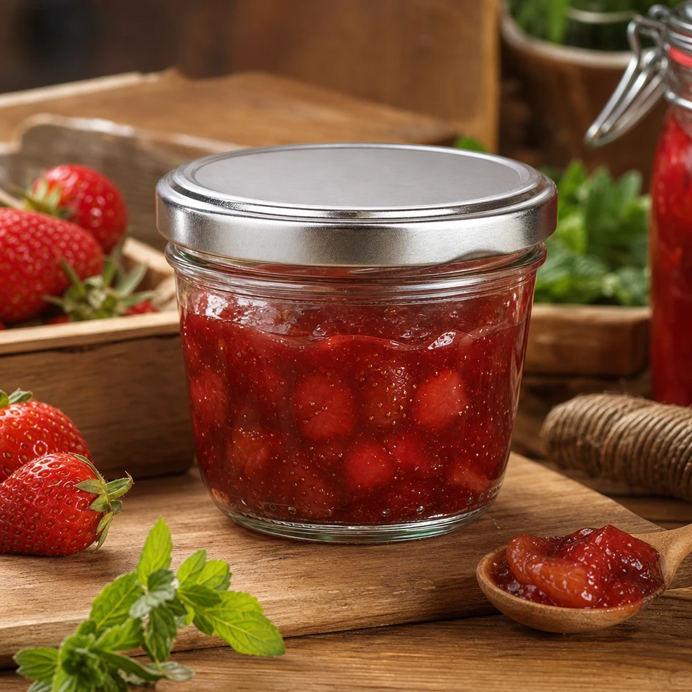 Bicchieri da 230 ml con coperchio BasicSeal argento UNiTWIST Vasetto da 230 ml con coperchio BasicSeal argentato riempito di marmellata di fragole Marmellata su tavola di legno con fragole fresche
