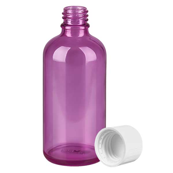 Bottiglia da 100 ml con tappo a vite bianco da 11 mm, standard PurpleLine resistente ai bambini. UT18/100