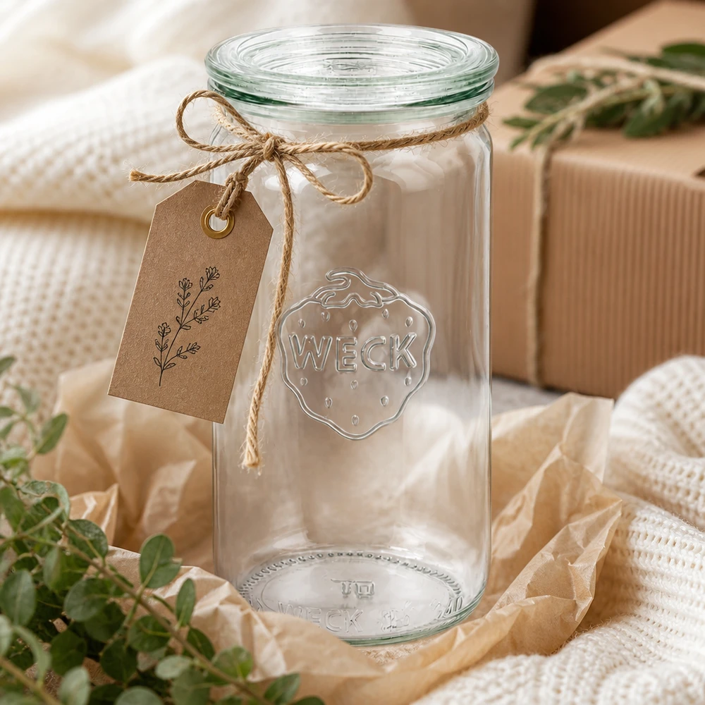 Vaso cilindrico da 340 ml con coperchio in vetro WECK RR60 Vaso cilindrico WECK 340ml RR60 decorativo con cordino di iuta ed etichetta come confezione regalo su tessuto beige