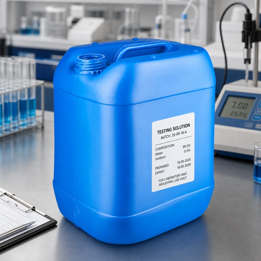 Tanica 20 litri blu senza tappo Tanica blu da 20 litri con etichetta da laboratorio e maniglia di trasporto per soluzioni di analisi, senza tappo