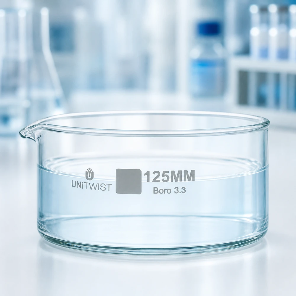 Piatto per cristallizzazione ø125mm in vetro borosilicato UNiTWIST Vaschetta di cristallizzazione vuota da 125 mm UNiTWIST in vetro borosilicato Boro 3.3, forma piatta, attacco da laboratorio