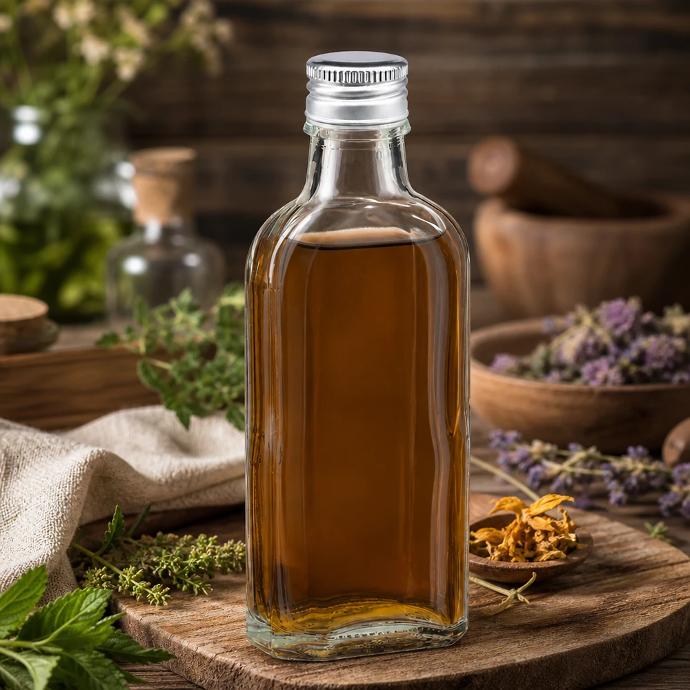 Piccolo flacone in vetro Meplat trasparente da 100 ml con tappo in alluminio argentato PP22 per prodotti naturali
