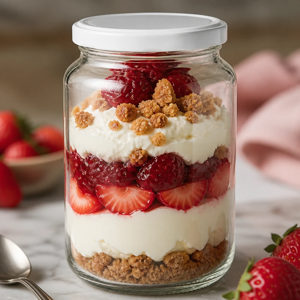 Barattolo rotondo da 382 ml con coperchio BasicSeal bianco UNiTWIST Bicchiere rotondo UNiTWIST da 382 ml con coperchio BasicSeal bianco come bicchiere da dessert con fragole e panna a strati