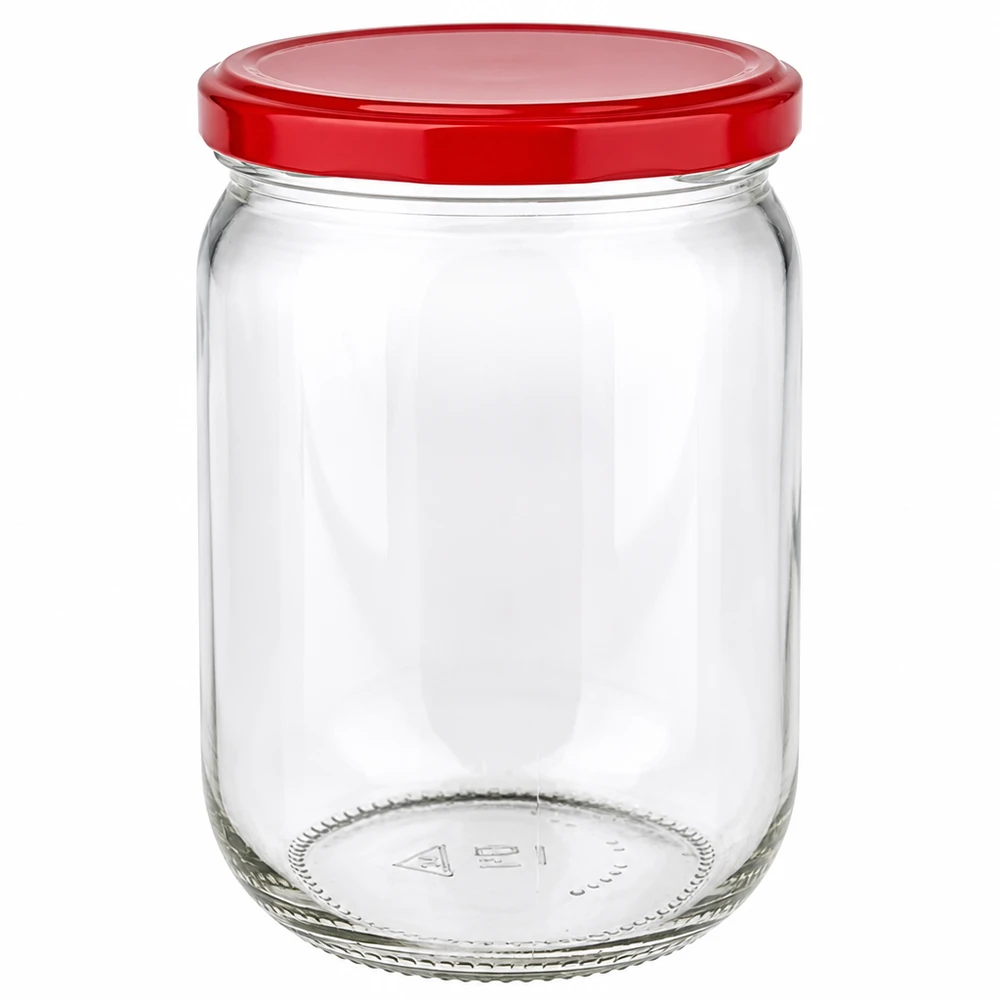 Vaso di vetro rotondo da 555 ml + coperchio BasicSeal rosso UNiTWIST Vaso cilindrico in vetro trasparente da 555 ml con coperchio BasicSeal rosso brillante, fotografato dall'alto