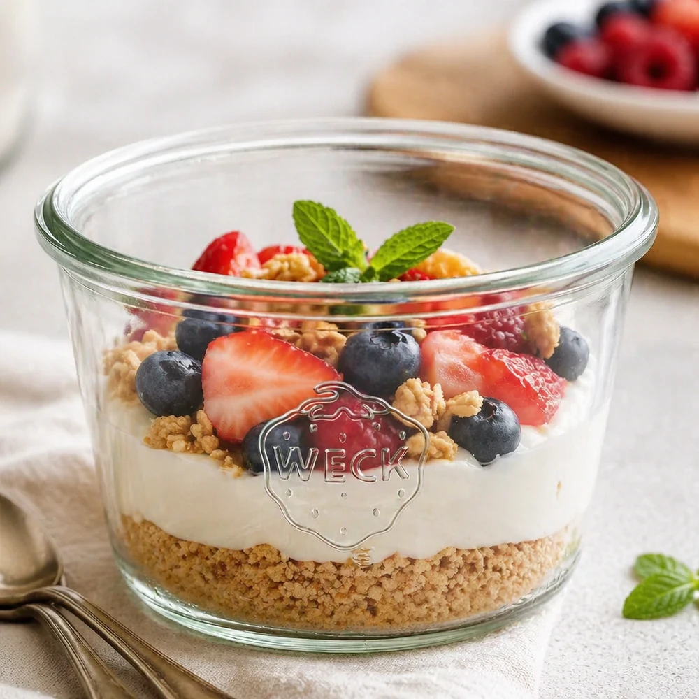 Bicchieri WECK da 370 ml RR100 riempiti con muesli allo yogurt e bacche su un tavolo di legno bianco