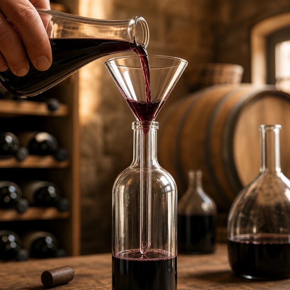 Imbuto Ø 55 mm per calce sodata, angolo 60°, stile corto Imbuto di precisione in vetro con diametro di 55 mm per un travaso pulito in bottiglie di vino e decanter