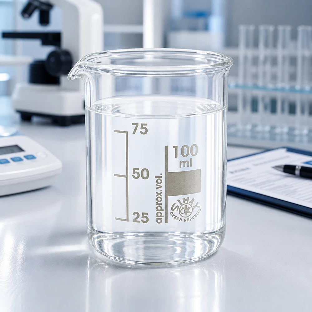 Becher 100ml in vetro borosilicato, forma bassa Bicchiere trasparente da 100 ml in vetro borosilicato con scala volumetrica precisa per applicazioni di laboratorio
