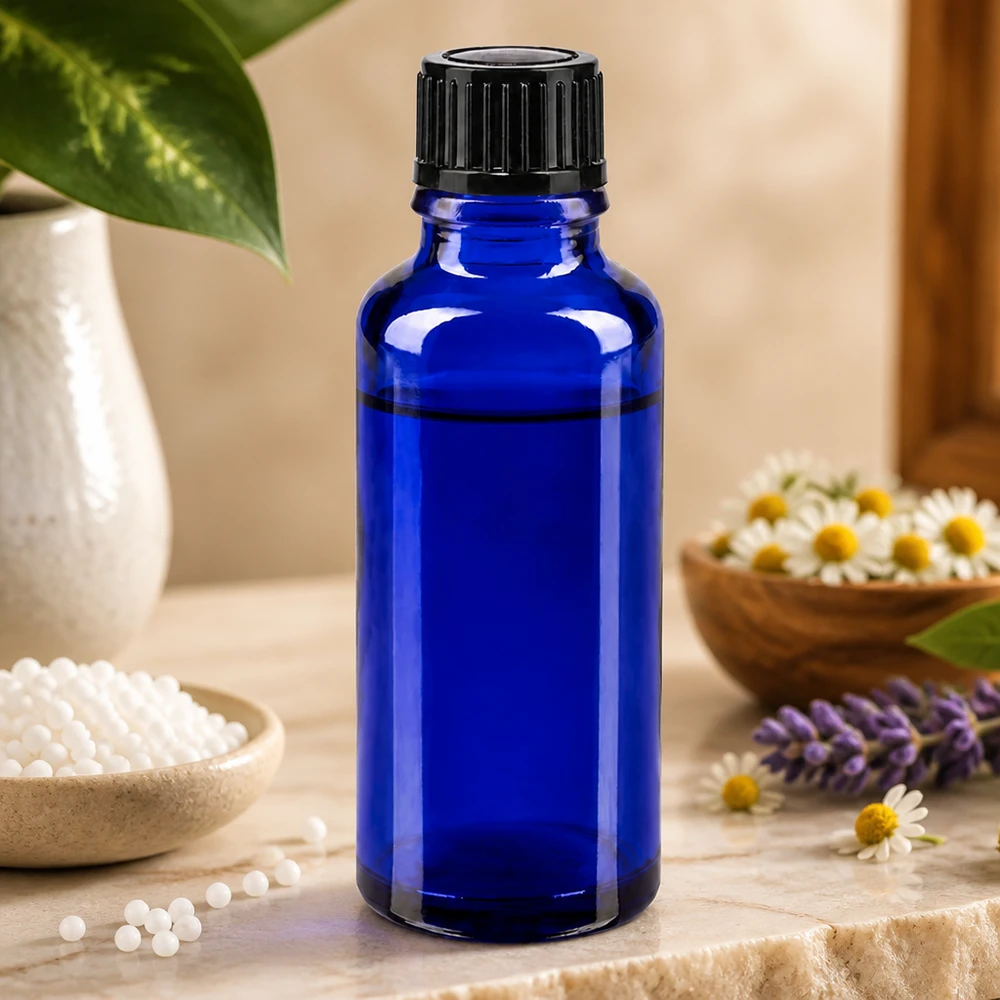 Piccolo flacone da 30 ml in vetro da farmacia blu cobalto con tappo nero a prova di bambino