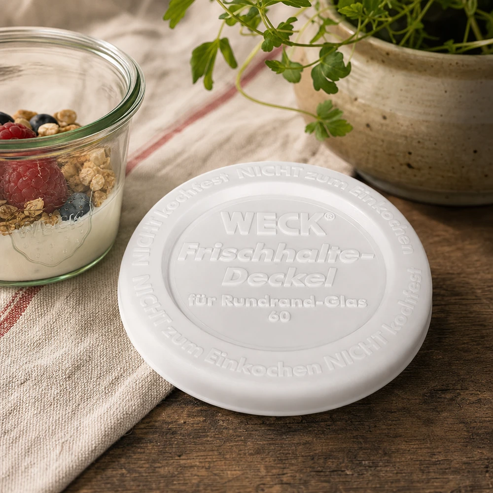 Coperchio WECK keep-fresh RR60 in plastica bianca su tavolo di legno accanto a yogurt con bacche Decorazione naturale per la cucina