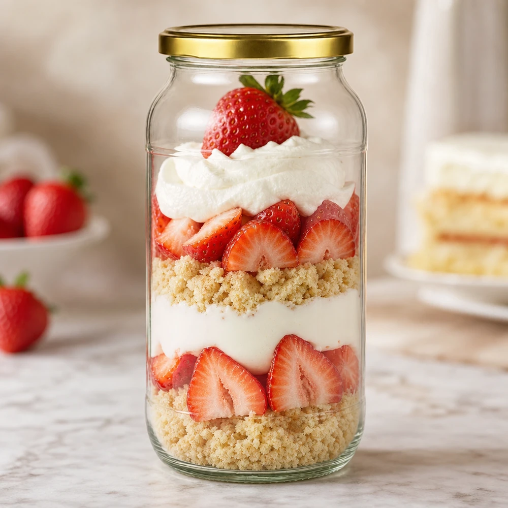 Bicchiere rotondo da 1062 ml con coperchio BasicSeal oro UNiTWIST Vasetto rotondo da 1062 ml con coperchio BasicSeal dorato come vasetto da dessert per dessert a strati alla fragola e alla panna con zuccherini