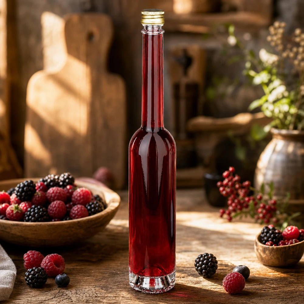 Bottiglia di vetro da 100 ml di Toni riempita di liquore ai frutti di bosco - tappo d'oro UNiTWIST in cucina rustica con frutti di bosco freschi