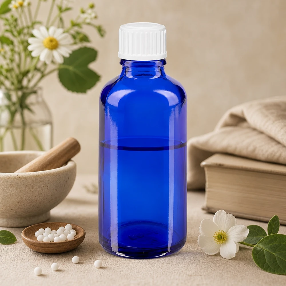 Flacone contagocce blu 50ml STD bianco/0,9mm ApoGlas Flacone contagocce blu da 50 ml con tappo STD bianco, con immagine di fiori di camomilla e mortaio