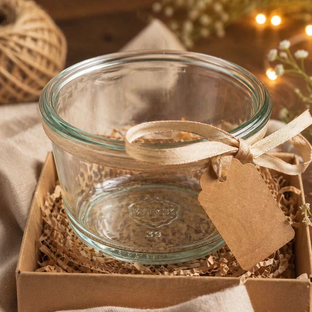 WECK barattolo gourmet RR80 165ml in regalo confezionato in una scatola di legno con fiocco ed etichetta per la presentazione