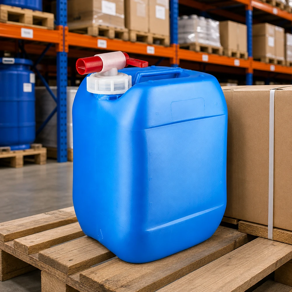 Tanica 10 litri blu con rubinetto di scarico Tanica rettangolare in plastica da 10 litri, blu, con rubinetto di scarico, su pallet di legno in magazzino