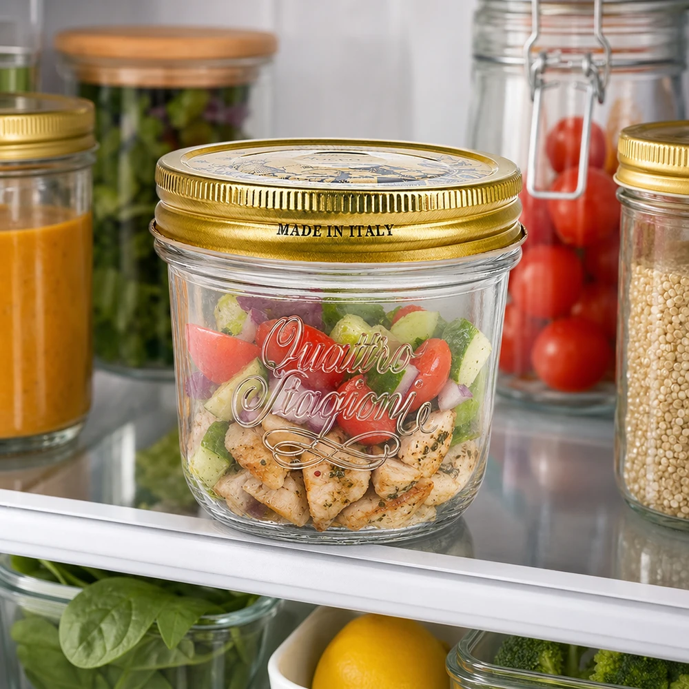 Bicchieri "Quattro Stagioni" da 200 ml con coperchio Barattolo di vetro Quattro Stagioni da 200 ml con coperchio dorato, pieno di insalata colorata, in frigorifero accanto ad altri barattoli per la conservazione.
