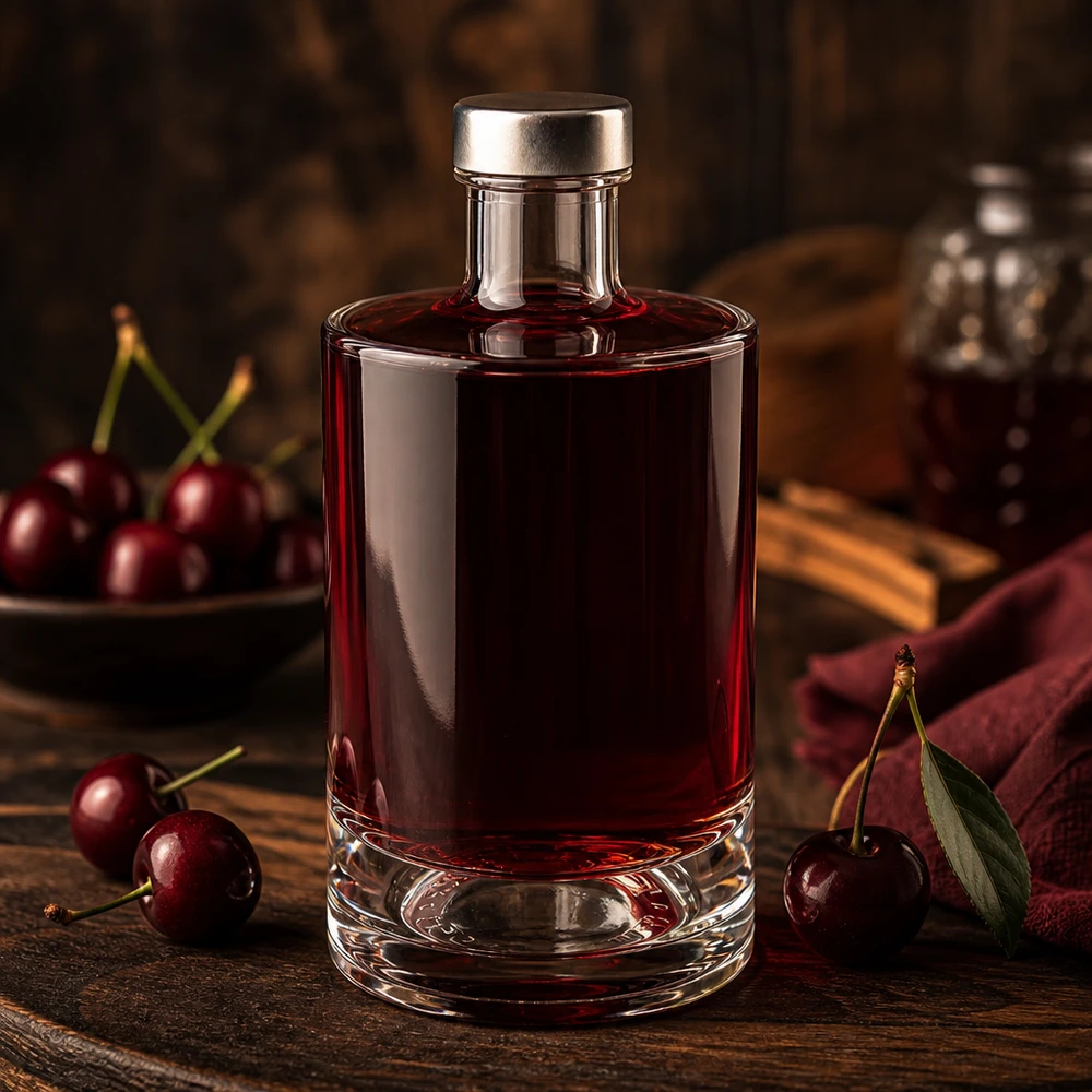Bottiglia in vetro da 375 ml Sam e tappo a vite argento UNiTWIST® Bottiglia in vetro Sam da 375 ml con riempimento rosso ciliegia e tappo argentato tra ciliegie fresche su un tavolo di legno
