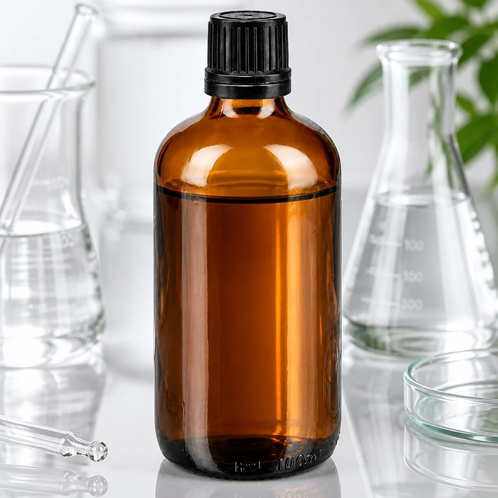 Flacone contagocce marrone 100ml OV nero/1mm ApoGlas Fiaschetta da farmacia da 100 ml in vetro ambrato con tappo a vite nero e contagocce da 1 mm in laboratorio
