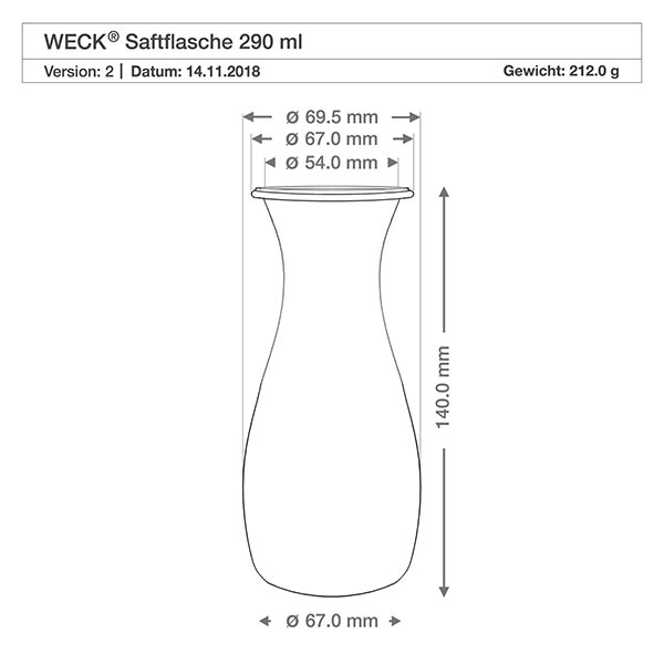 Bottiglia per succhi da 290 ml con coperchio in vetro WECK RR60 Disegno tecnico della bottiglia di succo WECK 290ml RR60 con dimensioni e peso 212g, specifiche dettagliate del prodotto