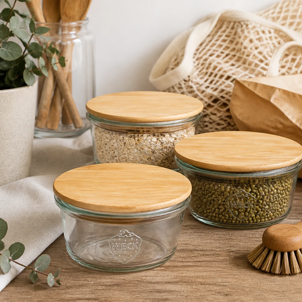 Mini barattolo da 50 ml WECK RR60 con coperchio in legno WECK Mini Sturzglas 50ml mit Bambusdeckel in nachhaltiger Zero-Waste Küche mit Mesh-Beutel und Holzutensilien