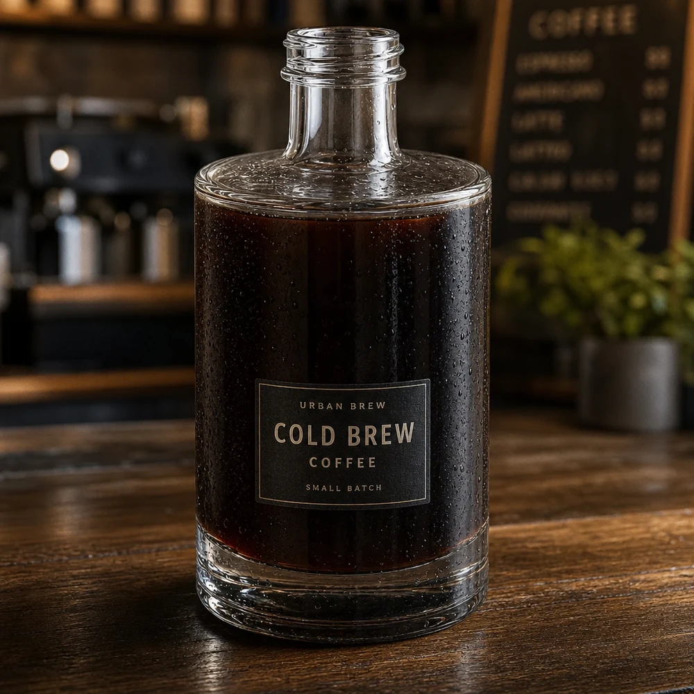 Bottiglia in vetro da 375 ml Sam senza tappo a vite UNiTWIST® Bottiglia di vetro da 375 ml Sam riempita di caffè freddo, presentata in un'elegante atmosfera da bar.