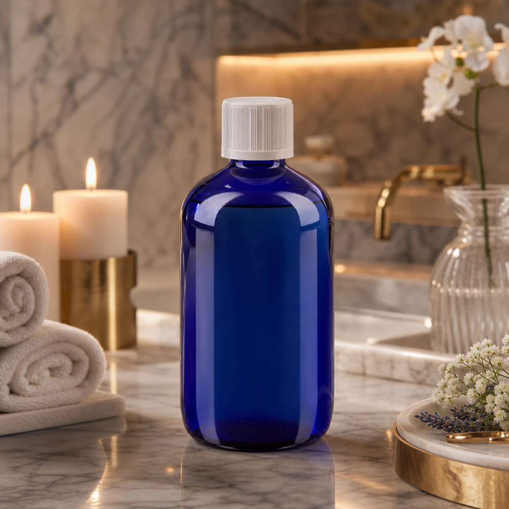 100ml contagocce blu. STD KiSi bianco/1.2mm ApoGlas Flacone da farmacia blu da 100 ml con tappo di sicurezza per bambini, in un elegante ambiente da spa con candele
