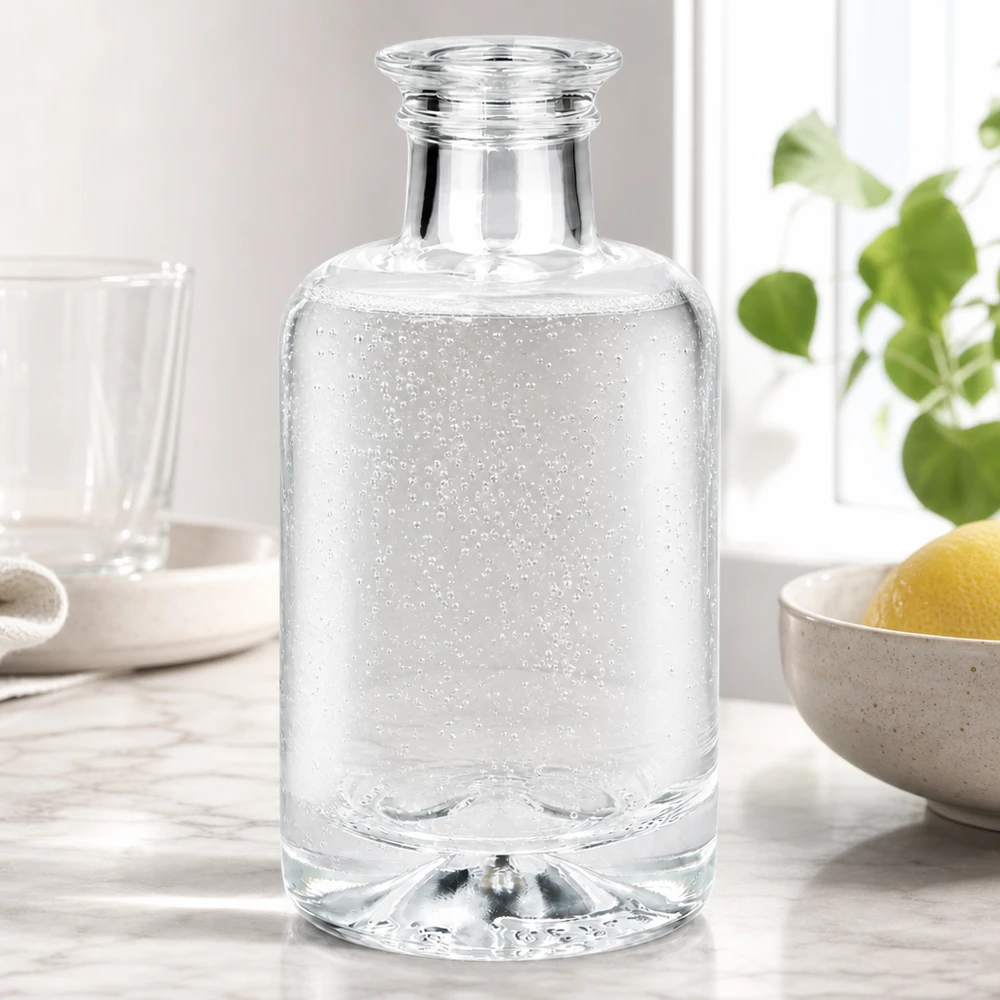 Bottiglia di vetro Sofia da 100 ml riempita di acqua frizzante sul piano di lavoro bianco della cucina accanto a limoni e piante
