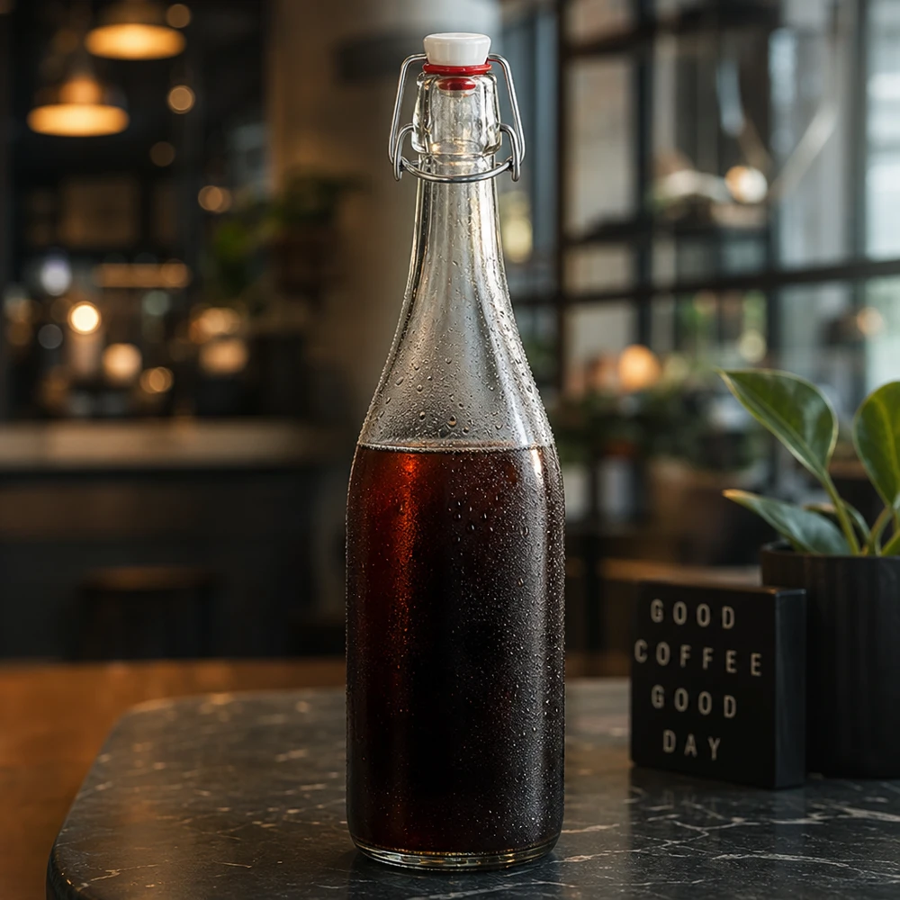 Bottiglia di vetro da 750 ml con tappo oscillante riempita di cola Caffè d'atmosfera cold brew coffee illuminazione ambientale elegante