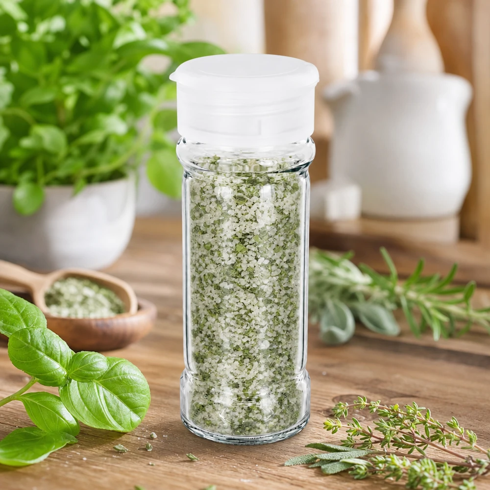 Barattolo per sale/spezie da 100 ml con dosatore, bianco Piccolo barattolo per spezie da 100 ml con coperchio dosatore bianco, pieno di sale alle erbe, su un tavolino di legno