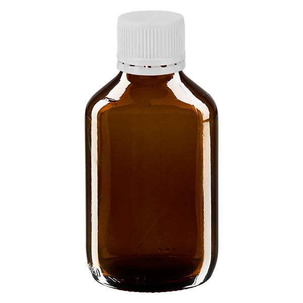 Flacone per medicinali da 150 ml marrone, tappo bianco con chiusura antimanomissione Flacone per medicinali da 150 ml marrone, tappo bianco con chiusura antimanomissione