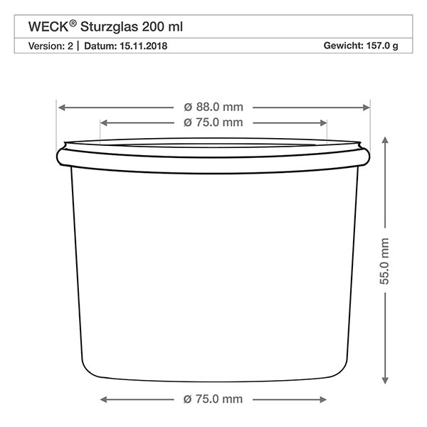Bicchieri da 200 ml WECK RR80 con tappo in sughero naturale Disegno tecnico dei tumbler WECK 200ml RR80 con dimensioni Diametro 88mm Altezza 55mm Peso 157g